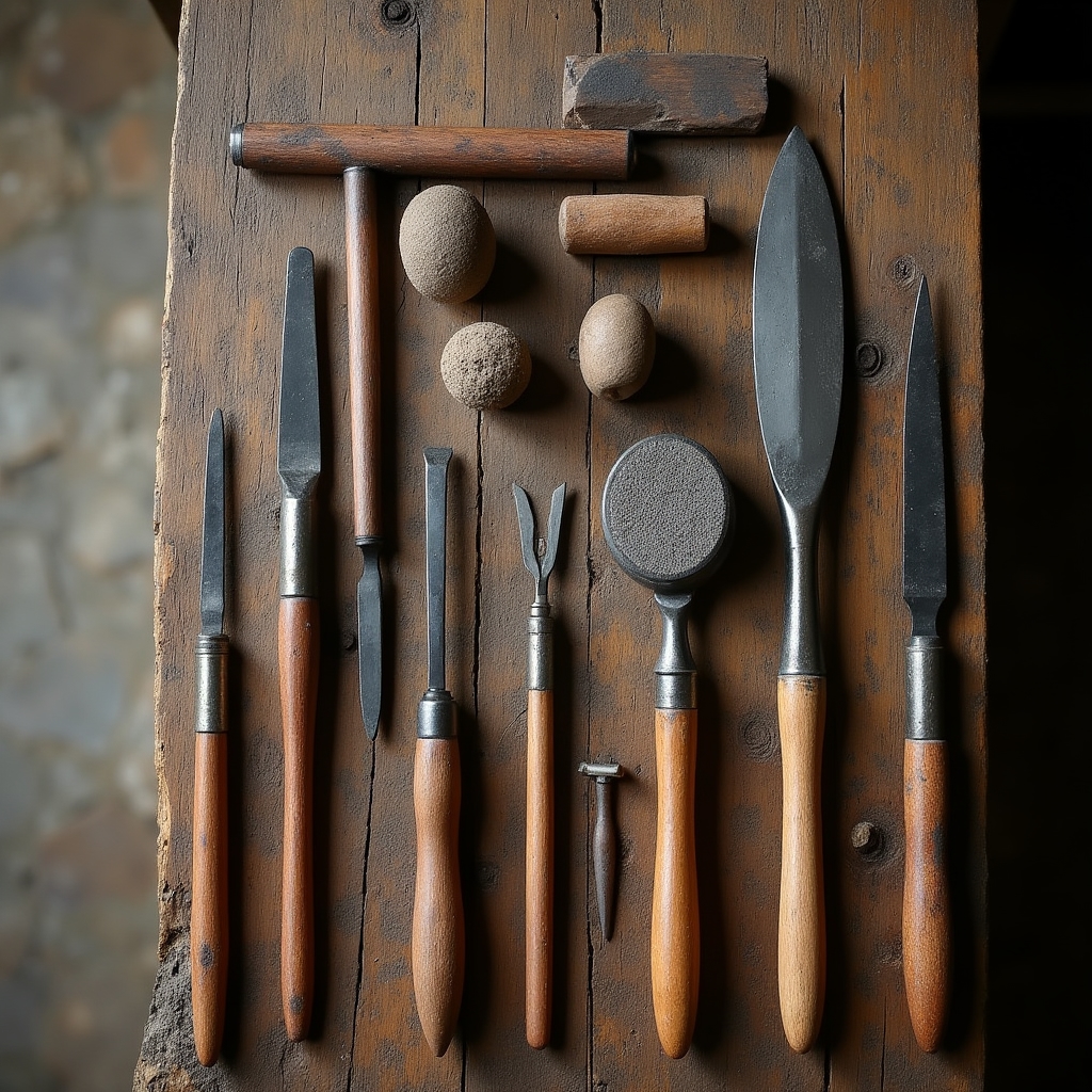 Outils traditionnels d'un atelier de sabotier