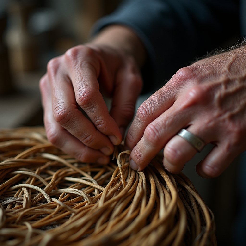 Détail des mains d'un vannier tressant l'osier